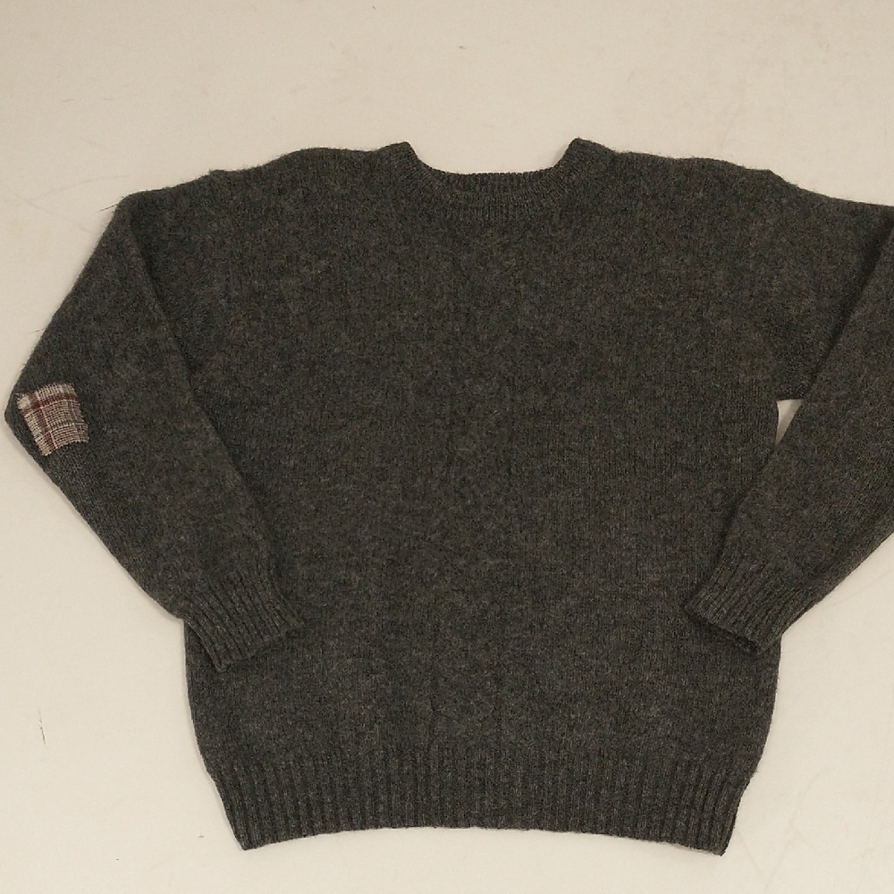Vintage 100% Wool Sweater Heather Gray Crew Neck Plaid Elbow Patch M 39" Chest
